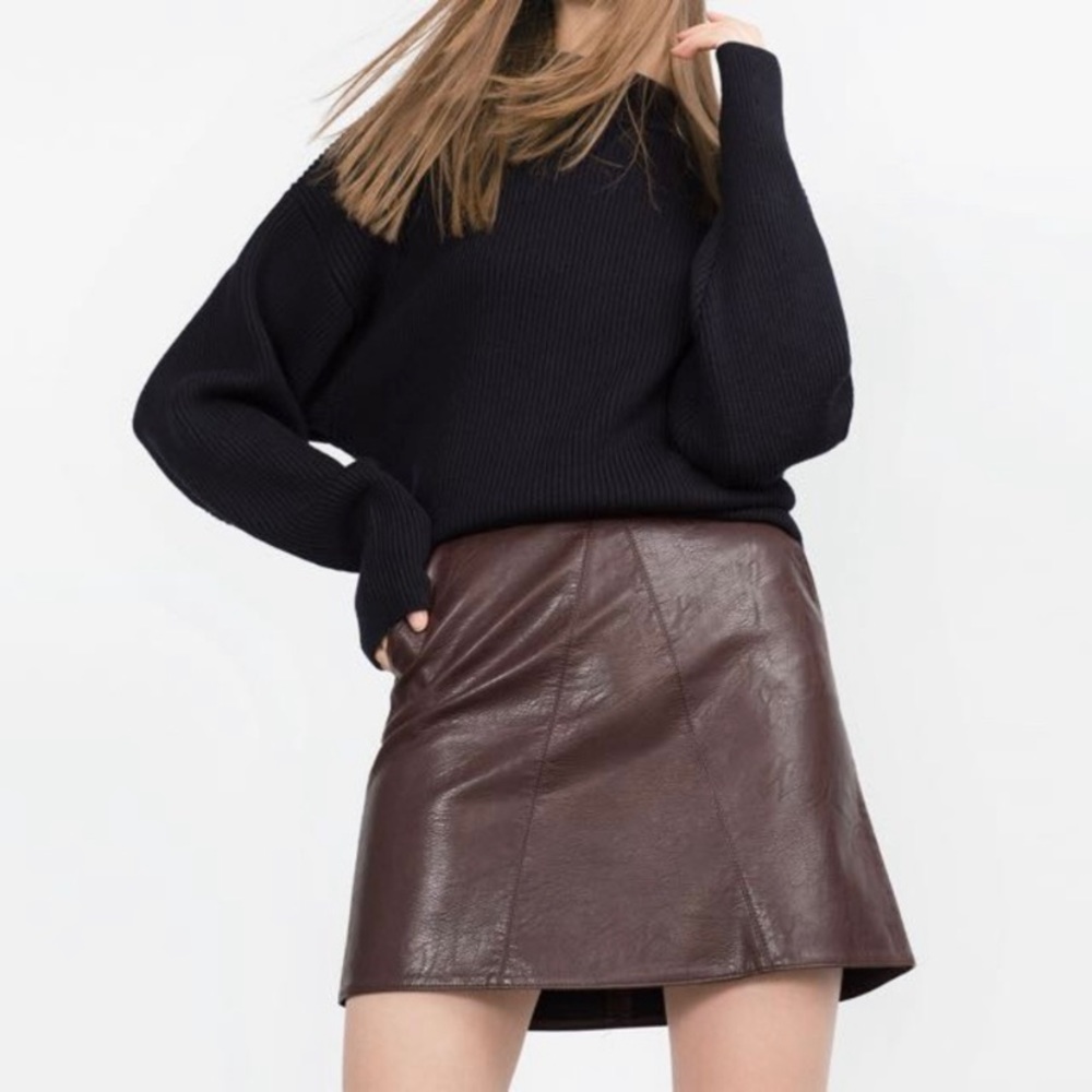 Zara Burgundy / Brown Faux Leather A-Line Mini Skirt